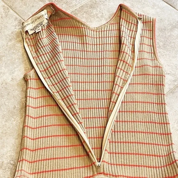 Howard Wolf Vintage Striped Sleeveless Knit Knee Length Dress Tan Orange