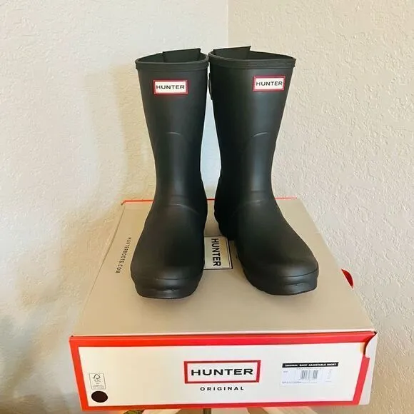 HUNTER Original Short Back Adjustable Rain Boot, BLACK GRAY, Size 9, NWT