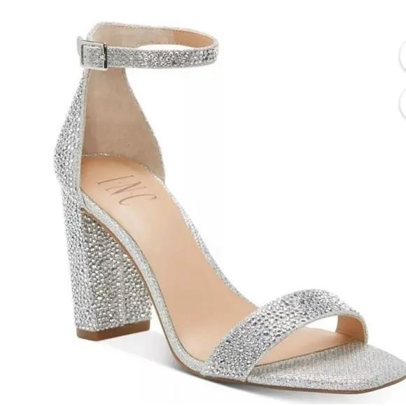 INC Lexini Silver Crystal Rhinestone Sandals Block Heel Sz 7M for prom