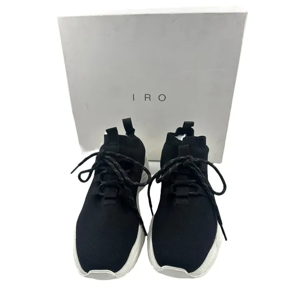 IRO Paris Sock Black White Knit Flat Lace Up Tie Pull On Trainer Sneaker Sz 6/36
