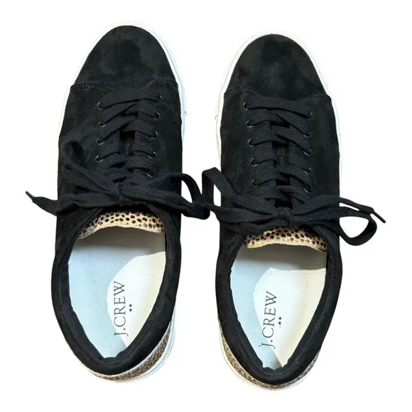 J. Crew Suede Sneakers Leopard Print Calf Hair Accents Shoes Women Size 8.5