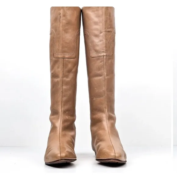 J VINCENT WOMEN TAN LEATHER BACK ZIP RETRO VINTAGE 90S FLAT KNEE BOOTS, 8 1/2M