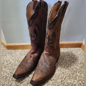 J.B. Dillon Leather Cross-motiff Men's Brown Cowboy Boots - Size 11D
