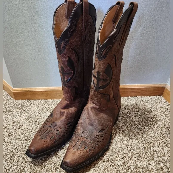 J.B. Dillon Leather Cross-motiff Men's Brown Cowboy Boots - Size 11D