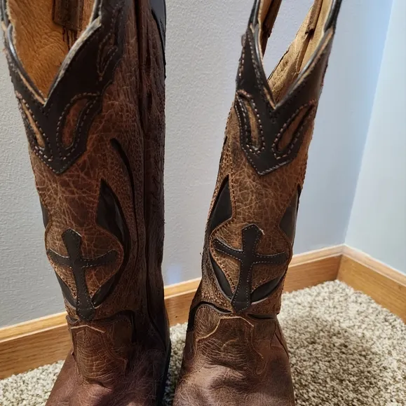 J.B. Dillon Leather Cross-motiff Men's Brown Cowboy Boots - Size 11D