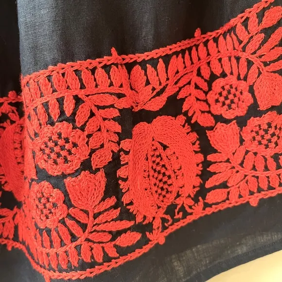 J.Crew XS S Navy Linen Oversized Short Dress Belted Red Floral Embroidered Tunic