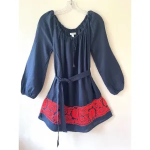 J.Crew XS S Navy Linen Oversized Short Dress Belted Red Floral Embroidered Tunic