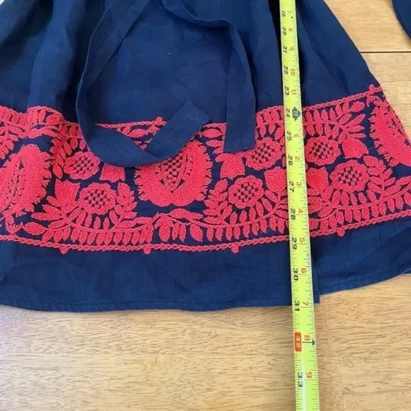 J.Crew XS S Navy Linen Oversized Short Dress Belted Red Floral Embroidered Tunic