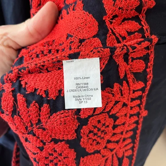 J.Crew XS S Navy Linen Oversized Short Dress Belted Red Floral Embroidered Tunic