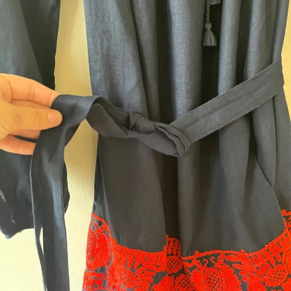J.Crew XS S Navy Linen Oversized Short Dress Belted Red Floral Embroidered Tunic
