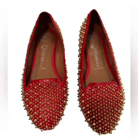 Jeffrey Campbell Martini Stud Red Leather Gold Studs 7.5 Flat Shoes