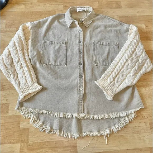Jena Green By Apricot Lane Cable Knit Sweater Denim Jacket Large 100% Cotton