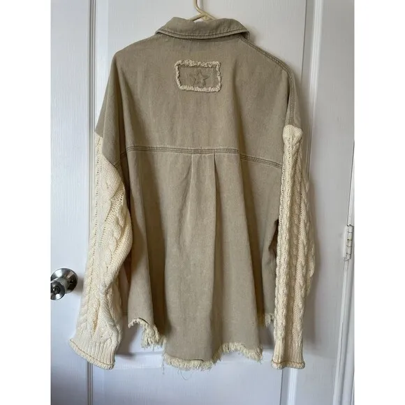 Jena Green By Apricot Lane Cable Knit Sweater Denim Jacket Large 100% Cotton