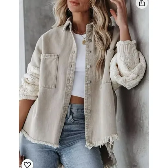 Jena Green By Apricot Lane Cable Knit Sweater Denim Jacket Large 100% Cotton