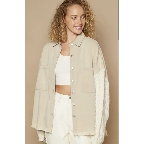 Jena Green By Apricot Lane Cable Knit Sweater Denim Jacket Large 100% Cotton
