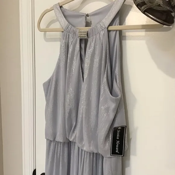 Jessica Howard Silver Embellished Halter Gown, Size 10 NWT