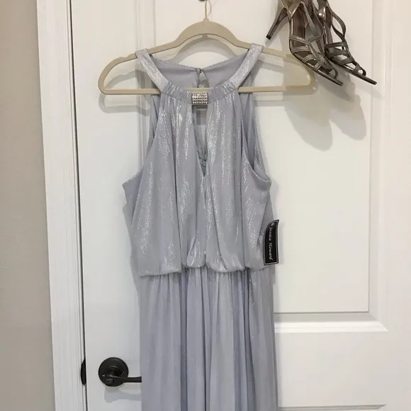 Jessica Howard Silver Embellished Halter Gown, Size 10 NWT