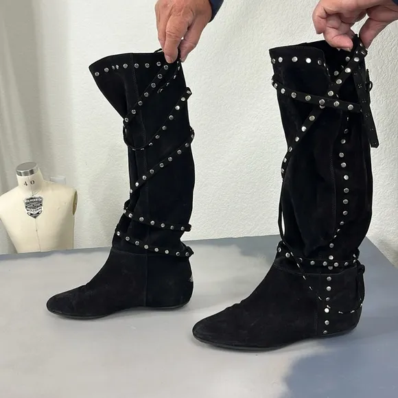 Jimmy Choo Black Suede Studded Flat Knee Boots