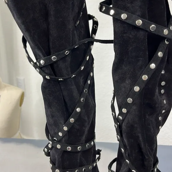 Jimmy Choo Black Suede Studded Flat Knee Boots