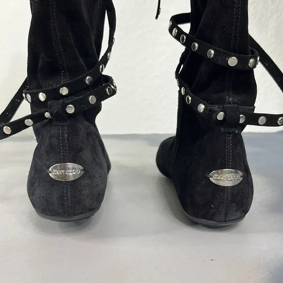 Jimmy Choo Black Suede Studded Flat Knee Boots
