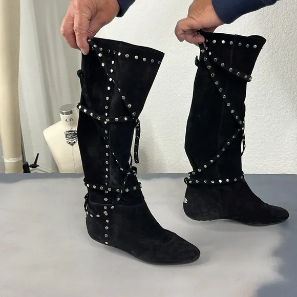 Jimmy Choo Black Suede Studded Flat Knee Boots