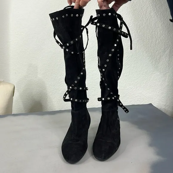 Jimmy Choo Black Suede Studded Flat Knee Boots