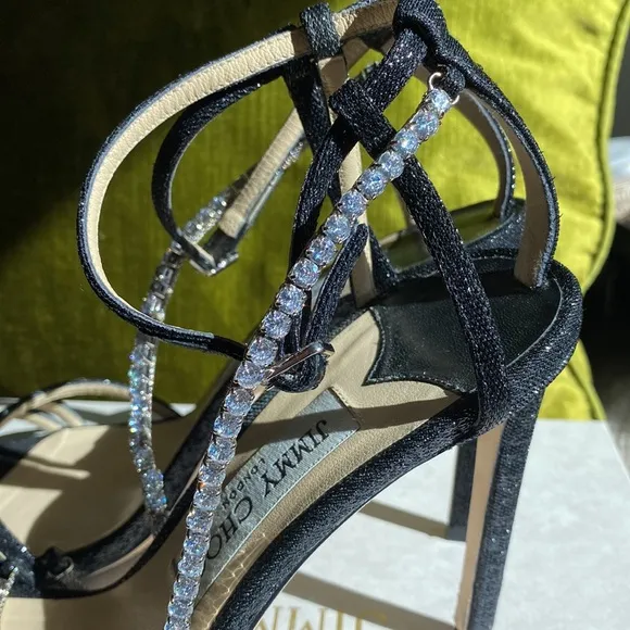 ✨JIMMY CHOO Thaia 100 Strappy High-Heel Crystal Sandals Black Size 39.5 ✨