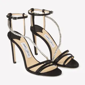 ✨JIMMY CHOO Thaia 100 Strappy High-Heel Crystal Sandals Black Size 39.5 ✨