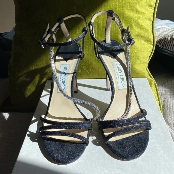 ✨JIMMY CHOO Thaia 100 Strappy High-Heel Crystal Sandals Black Size 39.5 ✨