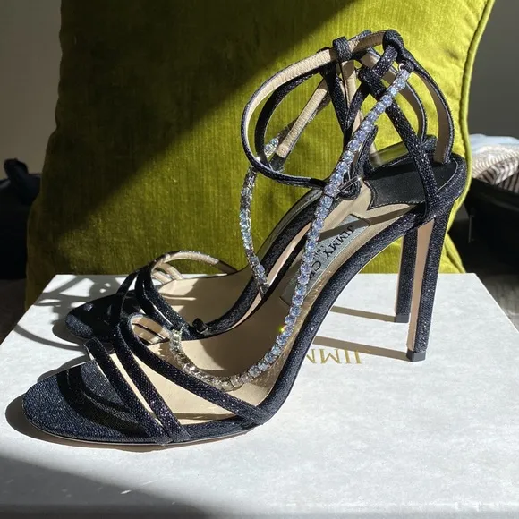 ✨JIMMY CHOO Thaia 100 Strappy High-Heel Crystal Sandals Black Size 39.5 ✨