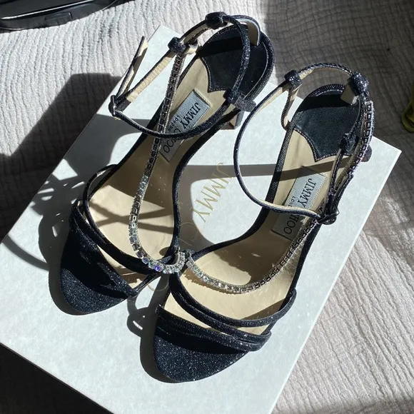 ✨JIMMY CHOO Thaia 100 Strappy High-Heel Crystal Sandals Black Size 39.5 ✨