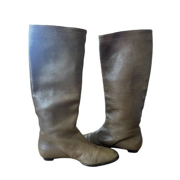 Jimmy Choo Woman's 7.5 Gathered LEATHER Riding Boots Knee High Flat Tall Brown