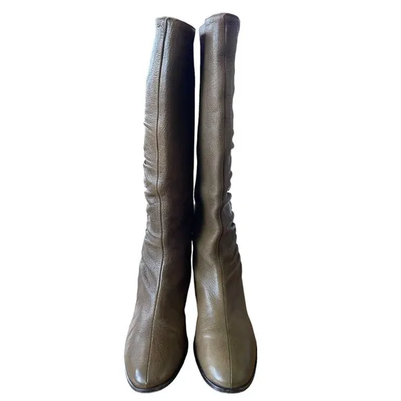 Jimmy Choo Woman's 7.5 Gathered LEATHER Riding Boots Knee High Flat Tall Taupe