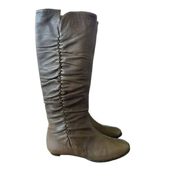 Jimmy Choo Woman's 7.5 Gathered LEATHER Riding Boots Knee High Flat Tall Taupe