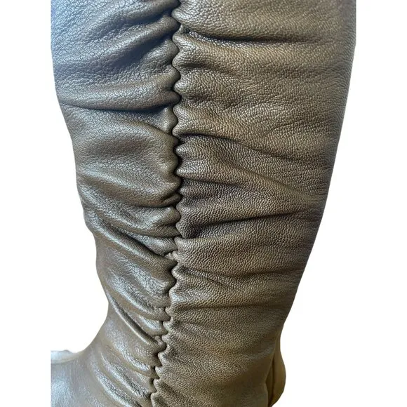 Jimmy Choo Woman's 7.5 Gathered LEATHER Riding Boots Knee High Flat Tall Taupe