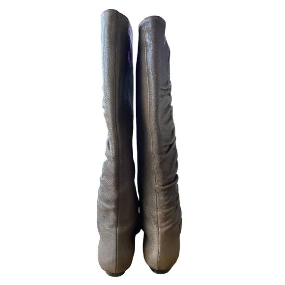 Jimmy Choo Woman's 7.5 Gathered LEATHER Riding Boots Knee High Flat Tall Taupe