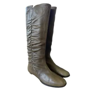 Jimmy Choo Woman's 7.5 Gathered LEATHER Riding Boots Knee High Flat Tall Taupe