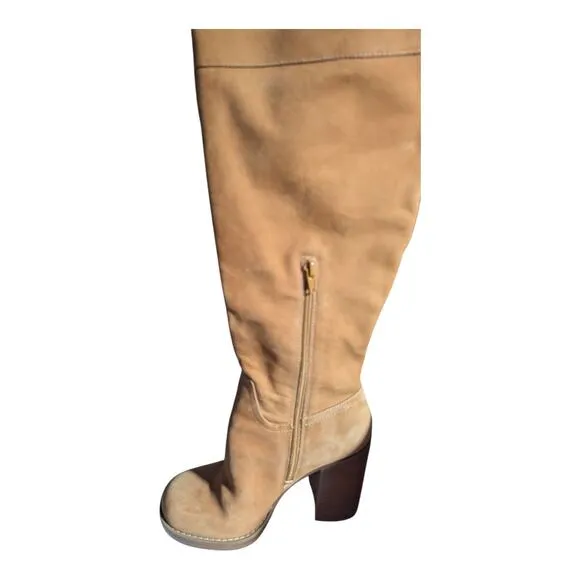 JLO Parid Camel Tan Nubuck Leather Over The Knee Block Heel Campus Boots Sz 8
