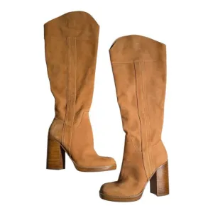 JLO Parid Camel Tan Nubuck Leather Over The Knee Block Heel Campus Boots Sz 8