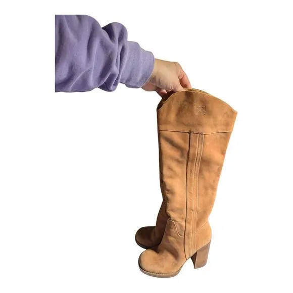 JLO Parid Camel Tan Nubuck Leather Over The Knee Block Heel Campus Boots Sz 8