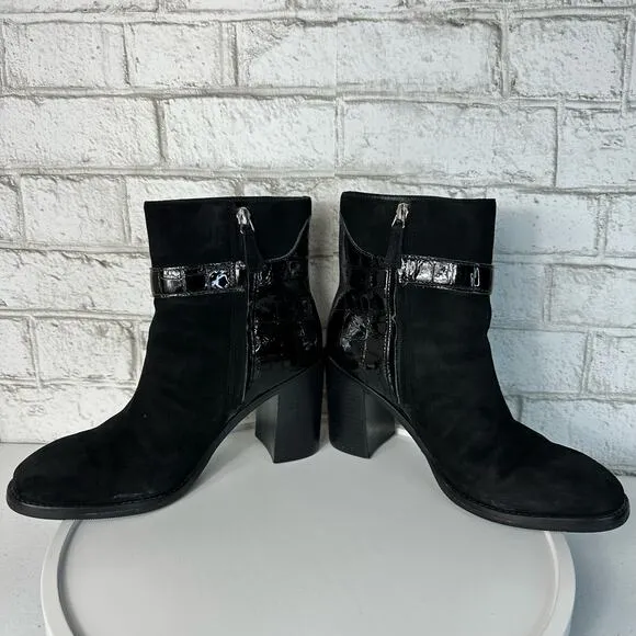 Johnston &amp; Murphy Black Booties Hope Ankle Boots Block Heel Buckle Suede 7.5