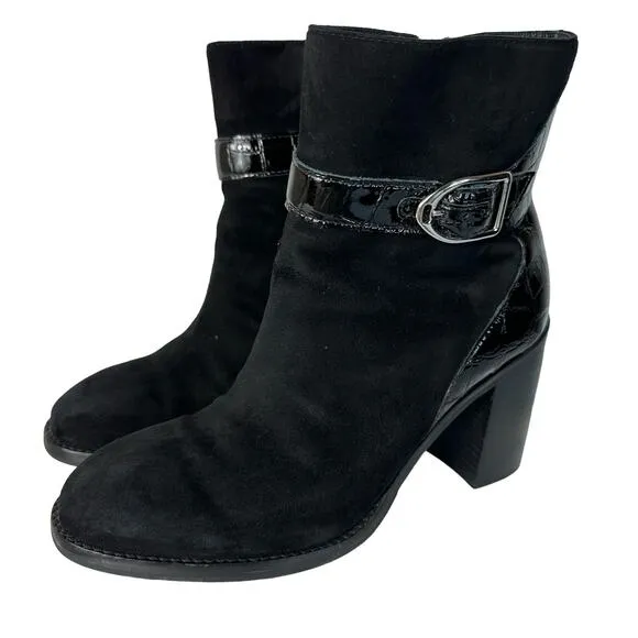 Johnston &amp; Murphy Black Booties Hope Ankle Boots Block Heel Buckle Suede 7.5