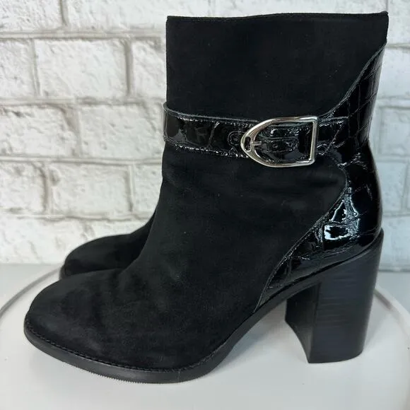 Johnston &amp; Murphy Black Booties Hope Ankle Boots Block Heel Buckle Suede 7.5