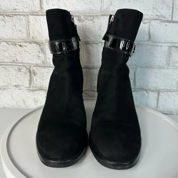 Johnston &amp; Murphy Black Booties Hope Ankle Boots Block Heel Buckle Suede 7.5