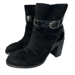 Johnston &amp; Murphy Black Booties Hope Ankle Boots Block Heel Buckle Suede 7.5