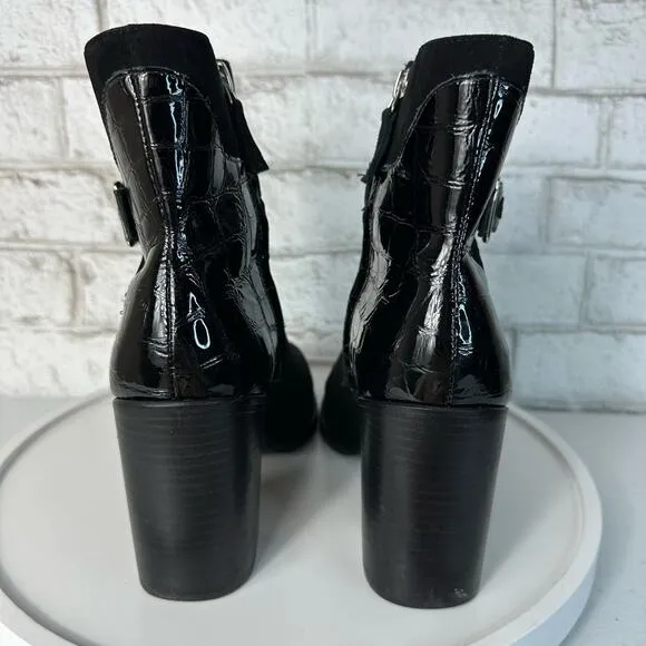 Johnston &amp; Murphy Black Booties Hope Ankle Boots Block Heel Buckle Suede 7.5