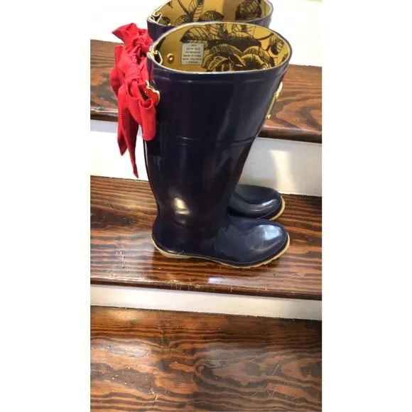 JOULES EVEDON Navy Blue Tall Rain Boots with Red Bows US Sz 8