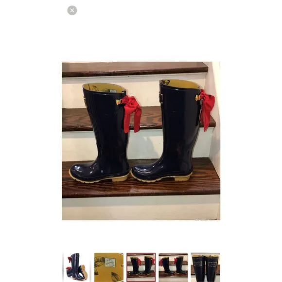 JOULES EVEDON Navy Blue Tall Rain Boots with Red Bows US Sz 8