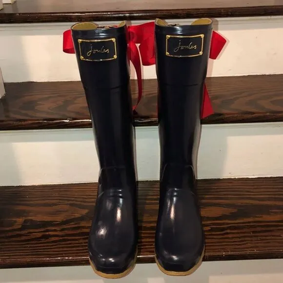 JOULES EVEDON Navy Blue Tall Rain Boots with Red Bows US Sz 8