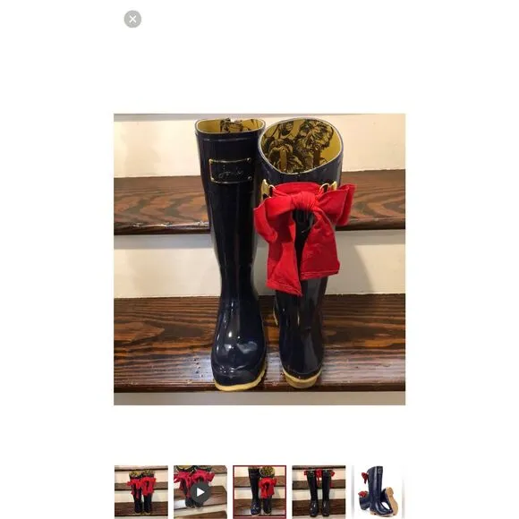 JOULES EVEDON Navy Blue Tall Rain Boots with Red Bows US Sz 8